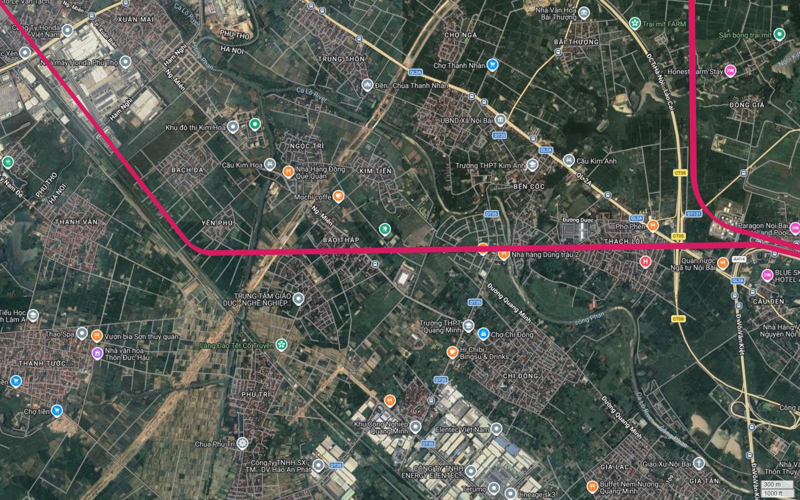 Ảnh vệ tinh tuyến metro số 1 chạy ngang qua Bảo Tháp, Kim Tiến, Bến Cốc về phía Khu công nghiệp Quang Minh