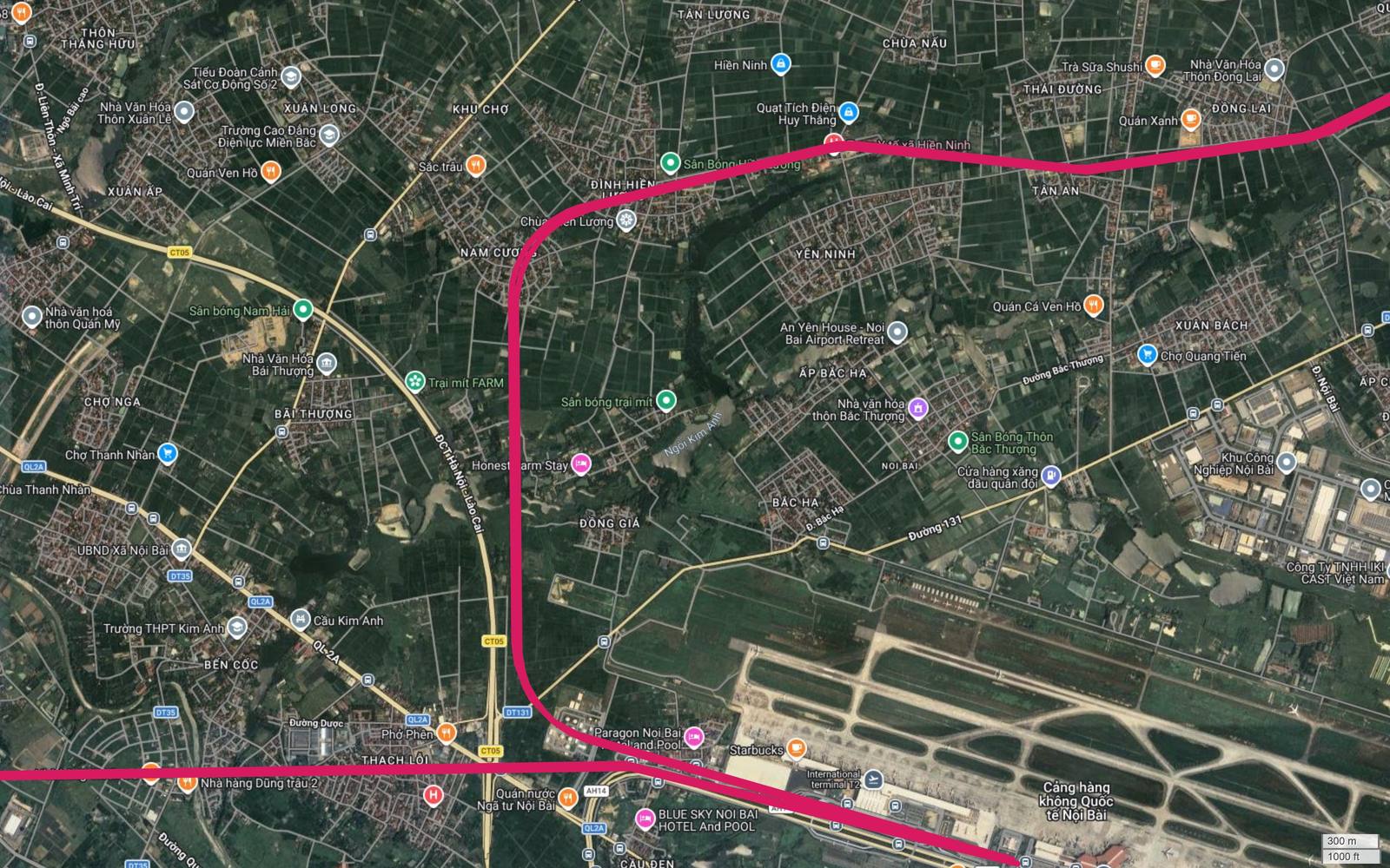 Ảnh vệ tinh nhánh bắc tuyến metro số 1 rời sân bay Nội Bài lên Hiền Ninh, Thái Đường, Tân An vùng bán sơn địa Sóc Sơn