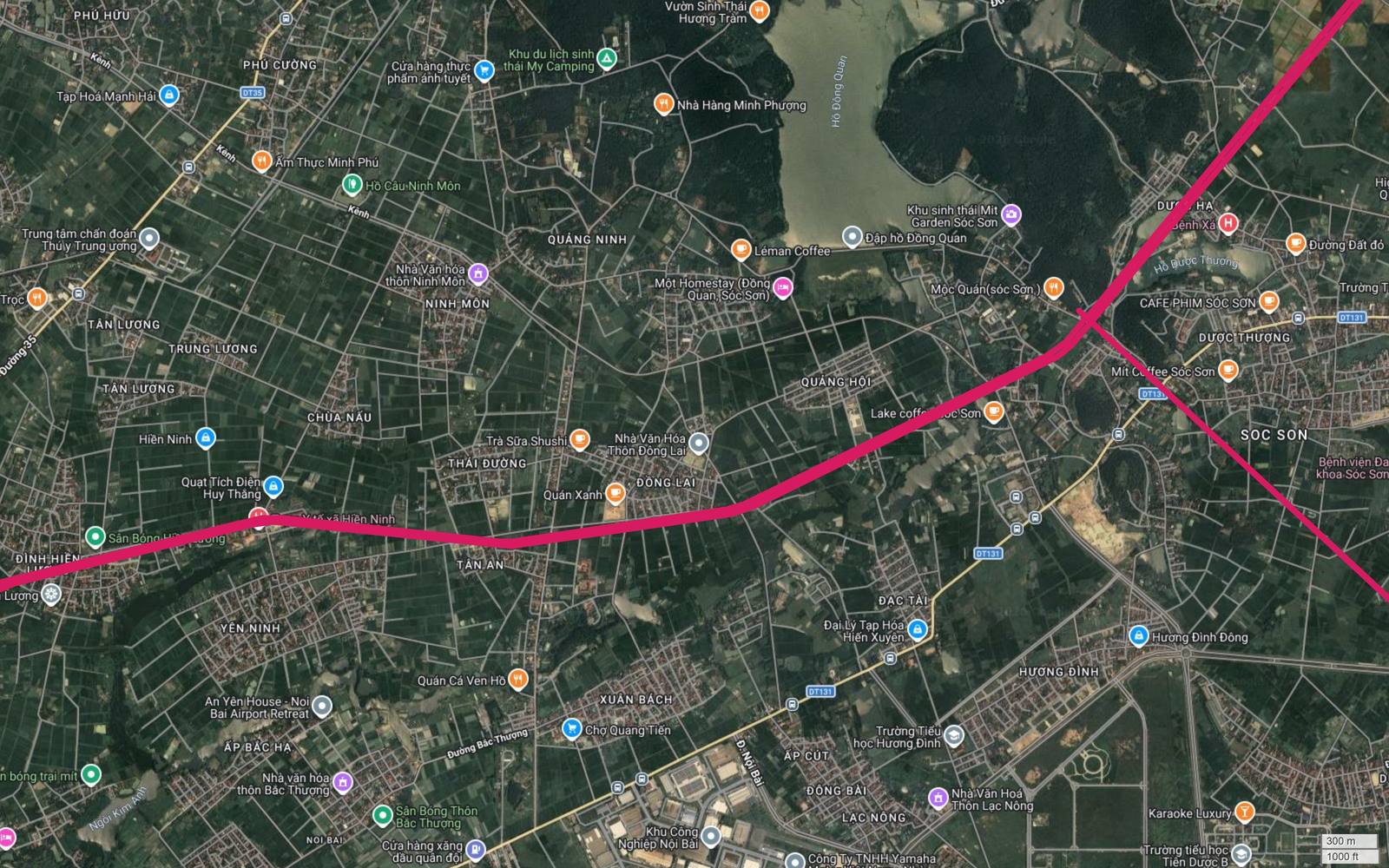 Ảnh vệ tinh tuyến metro số 1 đi giữa hồ Đồng Quan và hồ Dược Thượng, cửa ngõ thị trấn Sóc Sơn