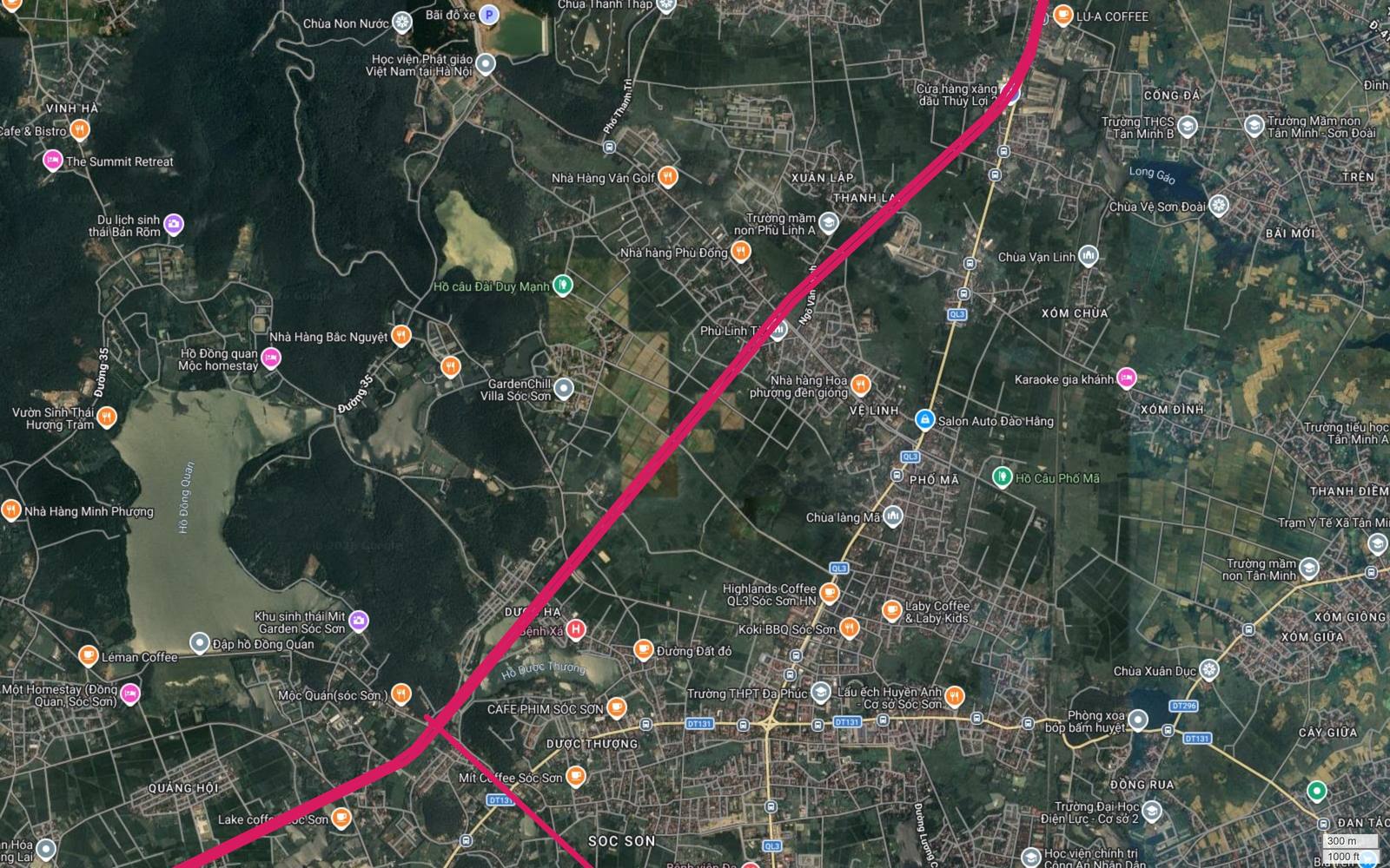 Ảnh vệ tinh metro số 1 qua Phù Linh, Vệ Linh với cụm di tích đền Sóc, chùa Non Nước và dãy đồi rừng Sóc Sơn