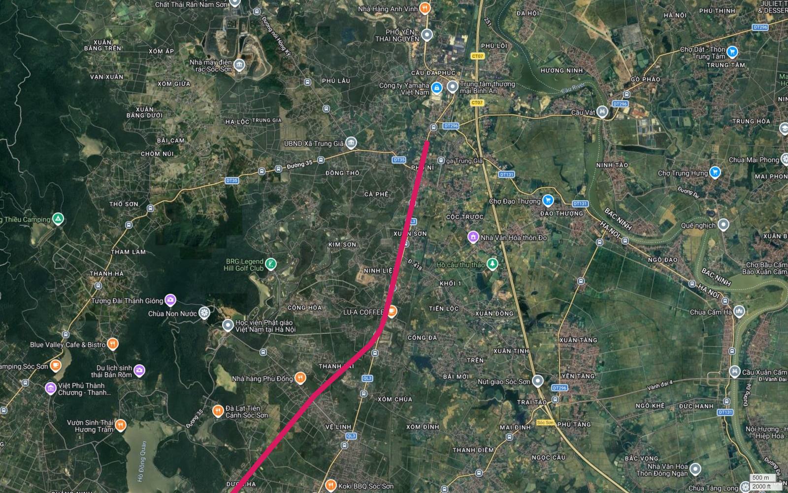 Ảnh vệ tinh điểm cực bắc tuyến metro số 1 tại Trung Giã, cạnh ga Trung Giã và cầu Đa Phúc bắc qua sông Cầu