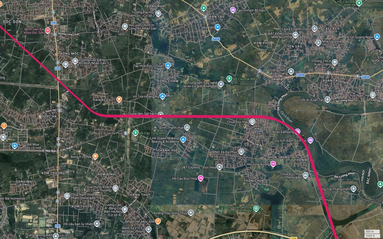 Ảnh vệ tinh metro số 1 qua Đức Hậu, Đa Phúc và dải đê Lương Phúc dọc sông Cà Lồ