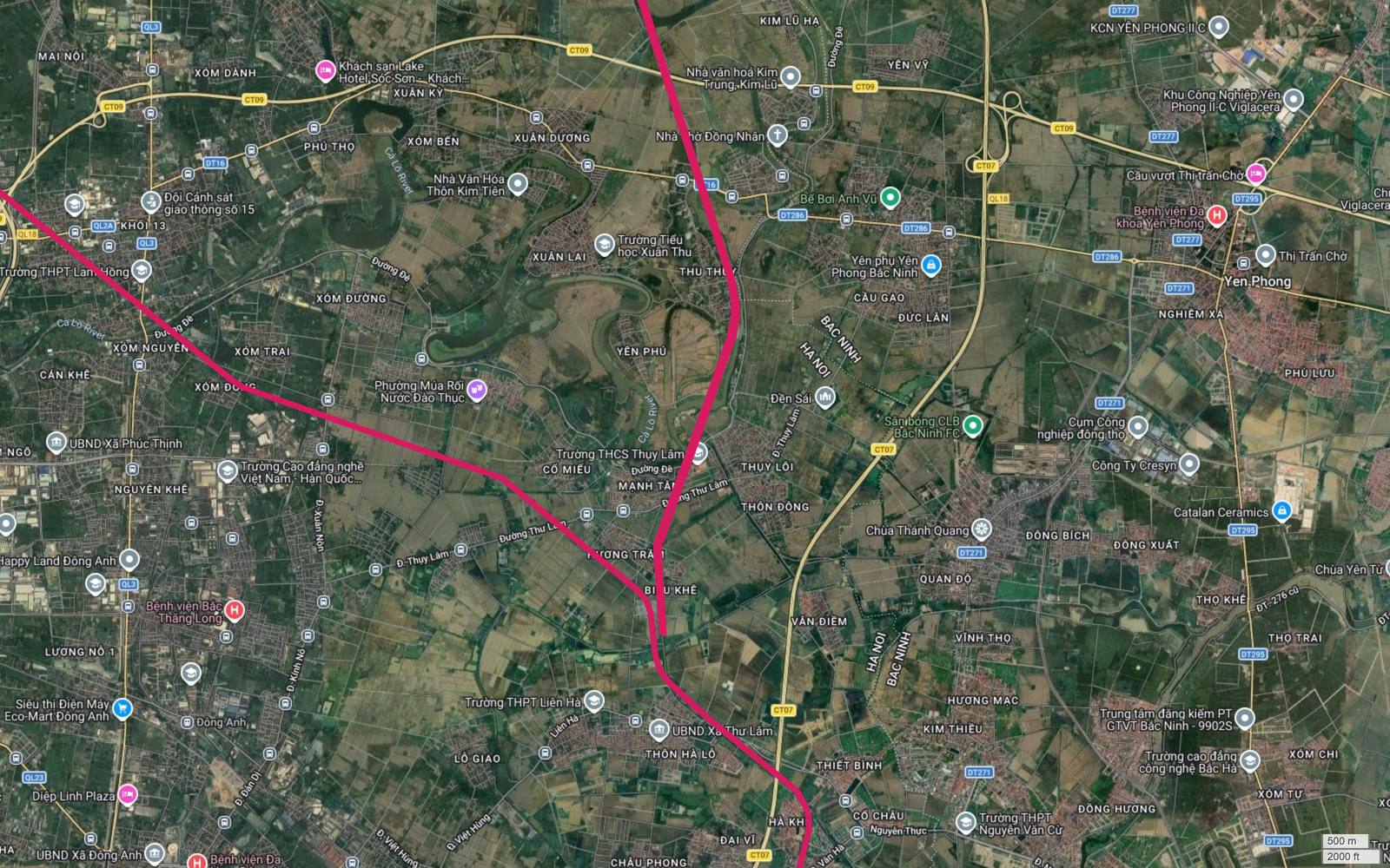 Ảnh vệ tinh metro số 1 tại Thụy Lâm, Biểu Khê với một nhánh kết thúc bằng đầu mút cụt giữa vùng ruộng