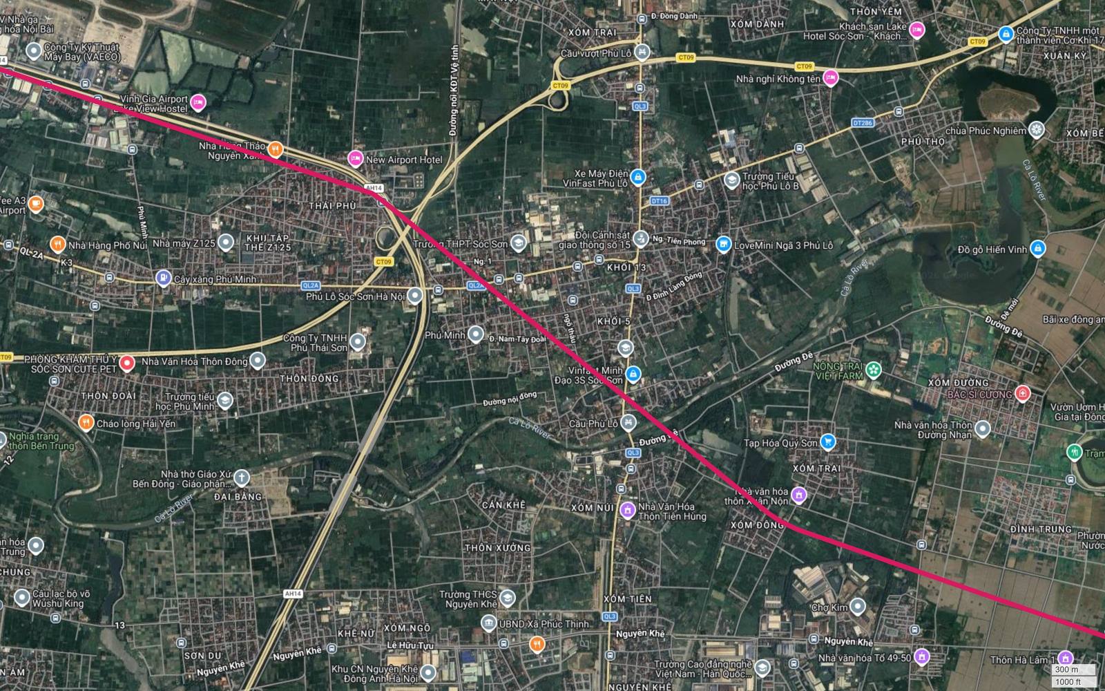 Ảnh vệ tinh metro số 1 Hà Nội tại cầu Phù Lỗ, vượt sông Cà Lồ lần thứ hai theo hành lang Quốc lộ 2A