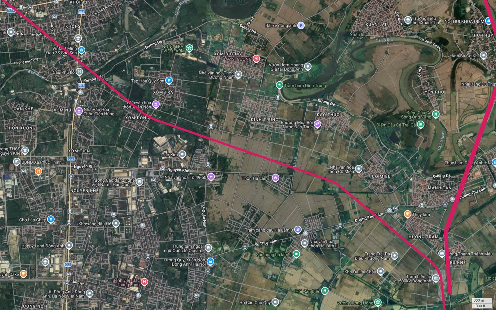 Ảnh vệ tinh tuyến metro số 1 qua Nguyên Khê, Xuân Nộn đi rất sát trạm biến áp 500 kV Đông Anh