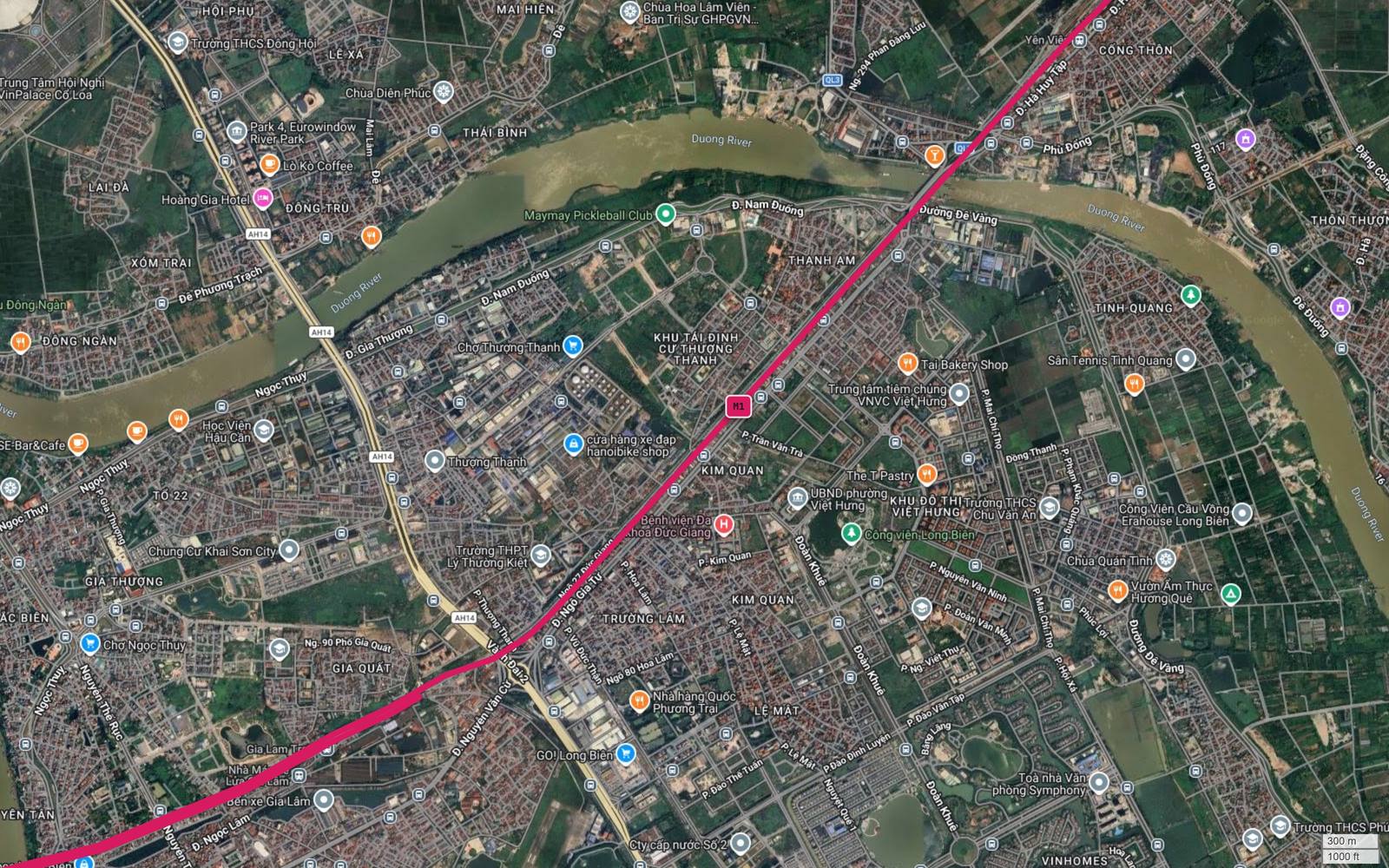 Ảnh vệ tinh metro số 1 Hà Nội qua Thượng Thanh, Kim Quan, Việt Hưng thuộc lõi Long Biên