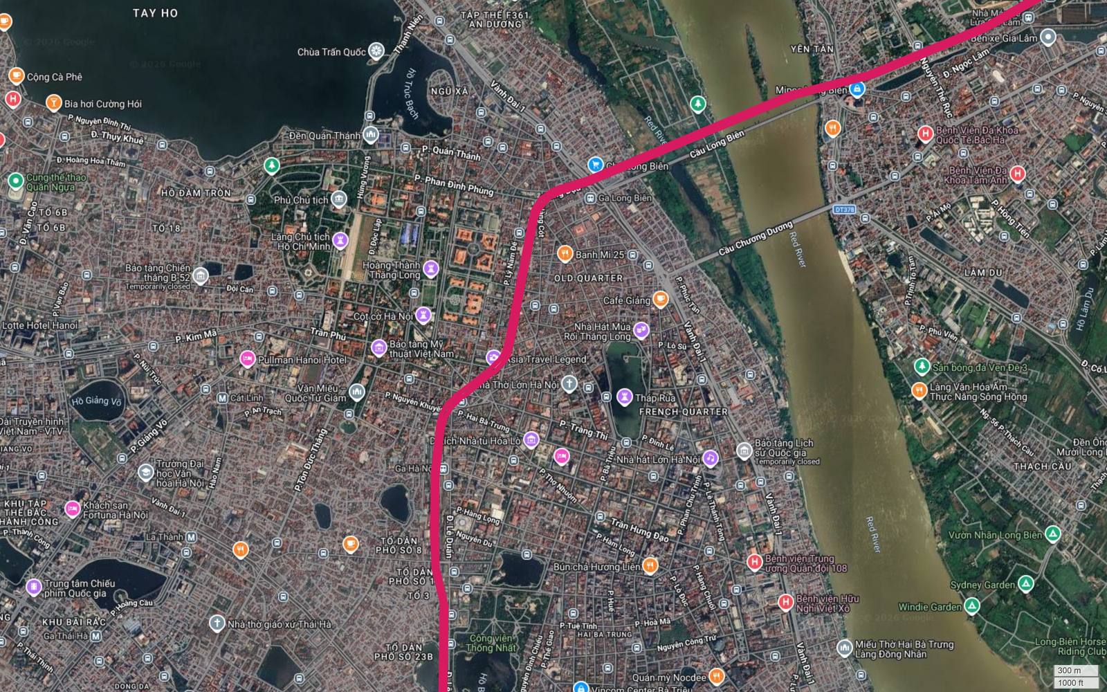 Ảnh vệ tinh metro số 1 qua phố cổ Hà Nội, Hoàng thành Thăng Long, Văn Miếu và ga Hà Nội
