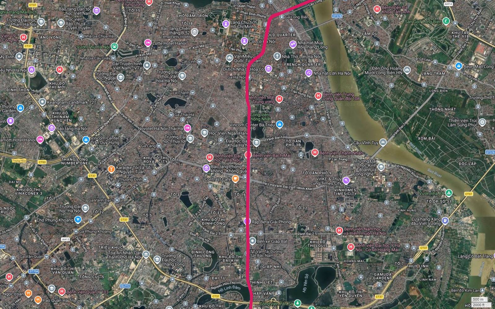 Ảnh vệ tinh tuyến metro số 1 chạy dọc trục Giải Phóng qua Bạch Mai, Bách Khoa và bến xe Giáp Bát