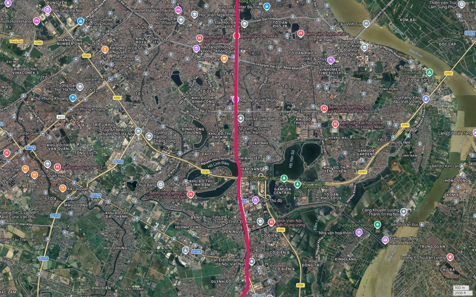 Ảnh vệ tinh metro số 1 tại Pháp Vân, công viên Yên Sở, Gamuda và nút giao Vành đai 3