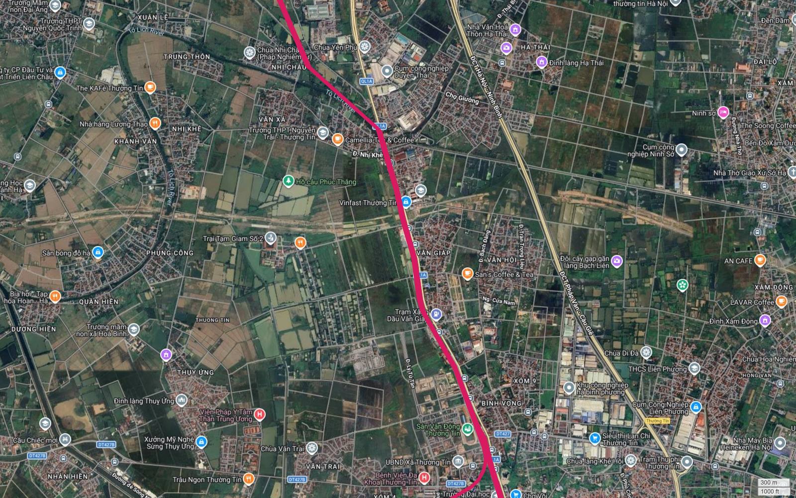 Ảnh vệ tinh tuyến metro số 1 qua thị trấn Thường Tín và cụm công nghiệp Hà Bình Phương