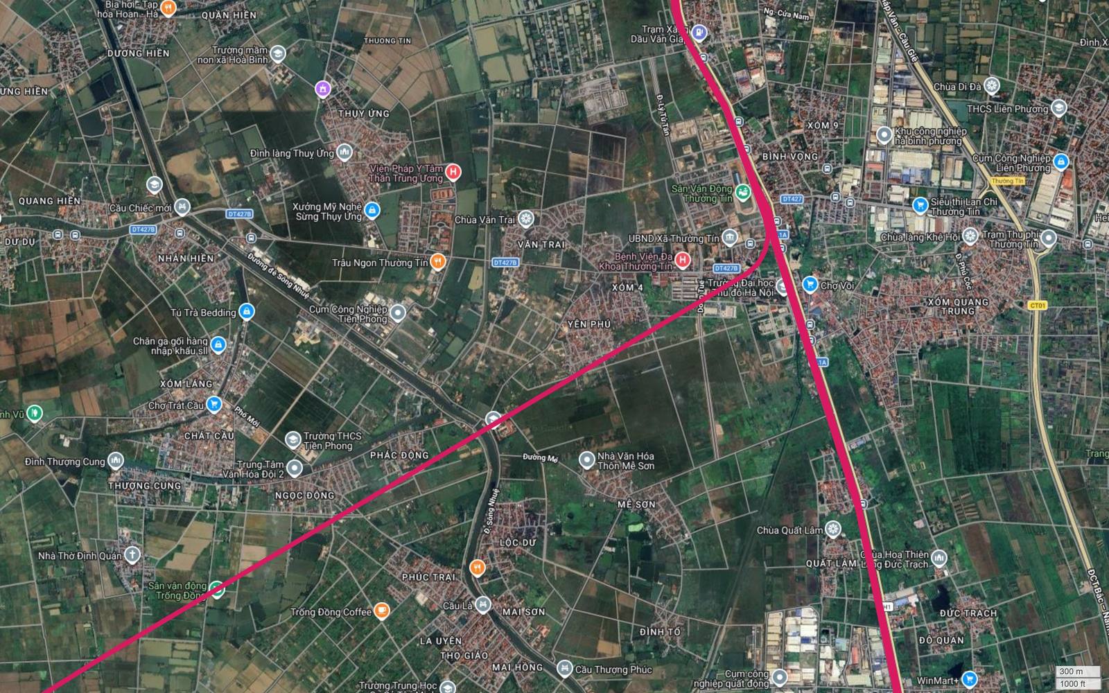 Ảnh vệ tinh điểm tách nhánh tây nam của metro số 1 tại Yên Phú, Mê Sơn, vượt sông Nhuệ ở Cầu Là