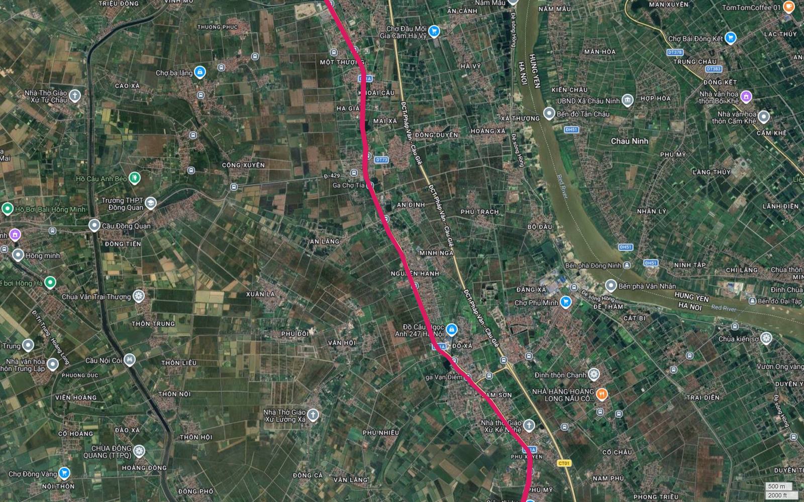 Ảnh vệ tinh tuyến metro số 1 qua Khoái Cầu, Mai Xá, Đỗ Xá, cạnh ga Chợ Tía và chợ đầu mối gia cầm Hà Vỹ