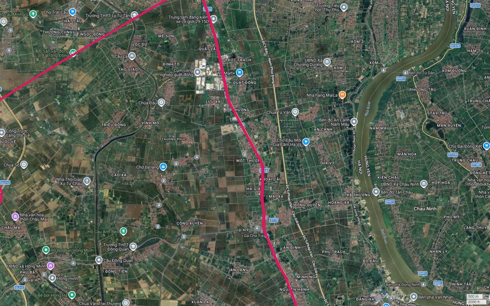 Ảnh vệ tinh metro số 1 qua cụm công nghiệp Quất Động, chùa Đậu, với nhánh Thanh Oai hiện ở góc tây bắc