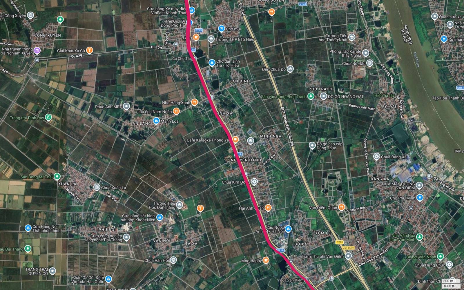 Ảnh vệ tinh tuyến metro số 1 qua Tô Hiệu, Đình Xá, Minh Nga, Nguyễn Hanh dọc hành lang đường sắt