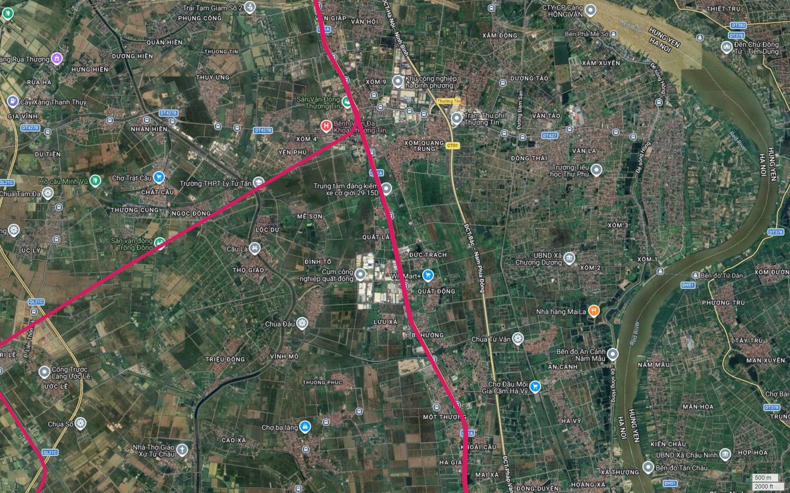 Ảnh vệ tinh toàn cảnh nút phân nhánh chữ Y của tuyến metro số 1 tại Thường Tín