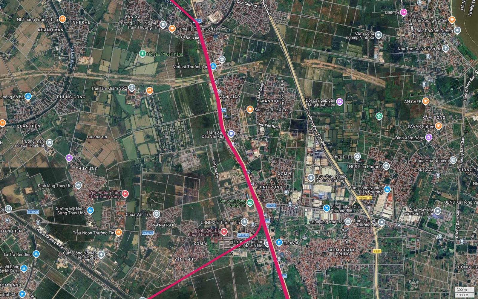 Ảnh vệ tinh tuyến metro số 1 đi sát lõi thị trấn Thường Tín qua Văn Giáp, Bình Vọng, cạnh chợ Vồi