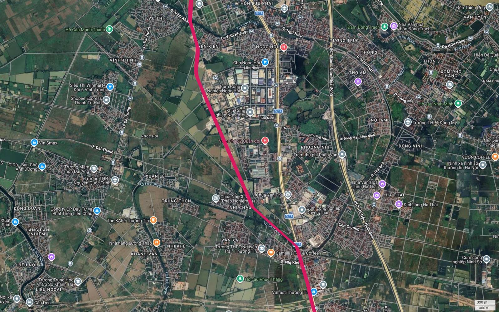 Ảnh vệ tinh metro số 1 qua Nhị Khê, Văn Xá, Nhị Châu, Liên Ninh về cửa ngõ Thanh Trì