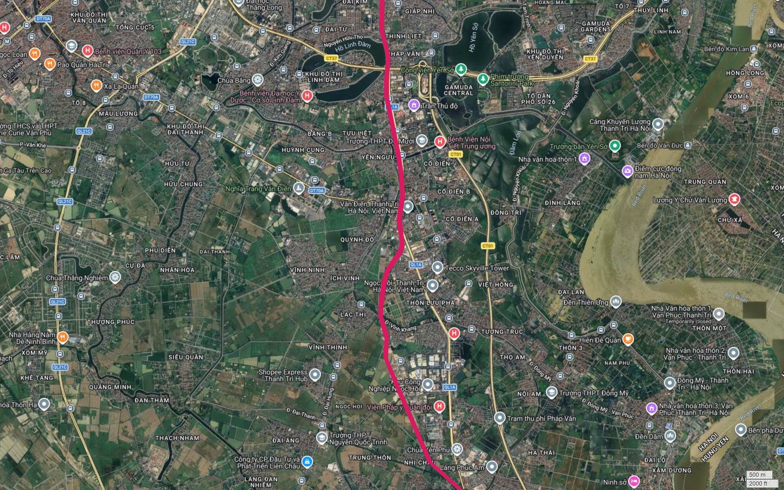 Ảnh vệ tinh tổng thể vùng Văn Điển, Linh Đàm và Gamuda với tuyến metro số 1 đi giữa hai cụm đô thị