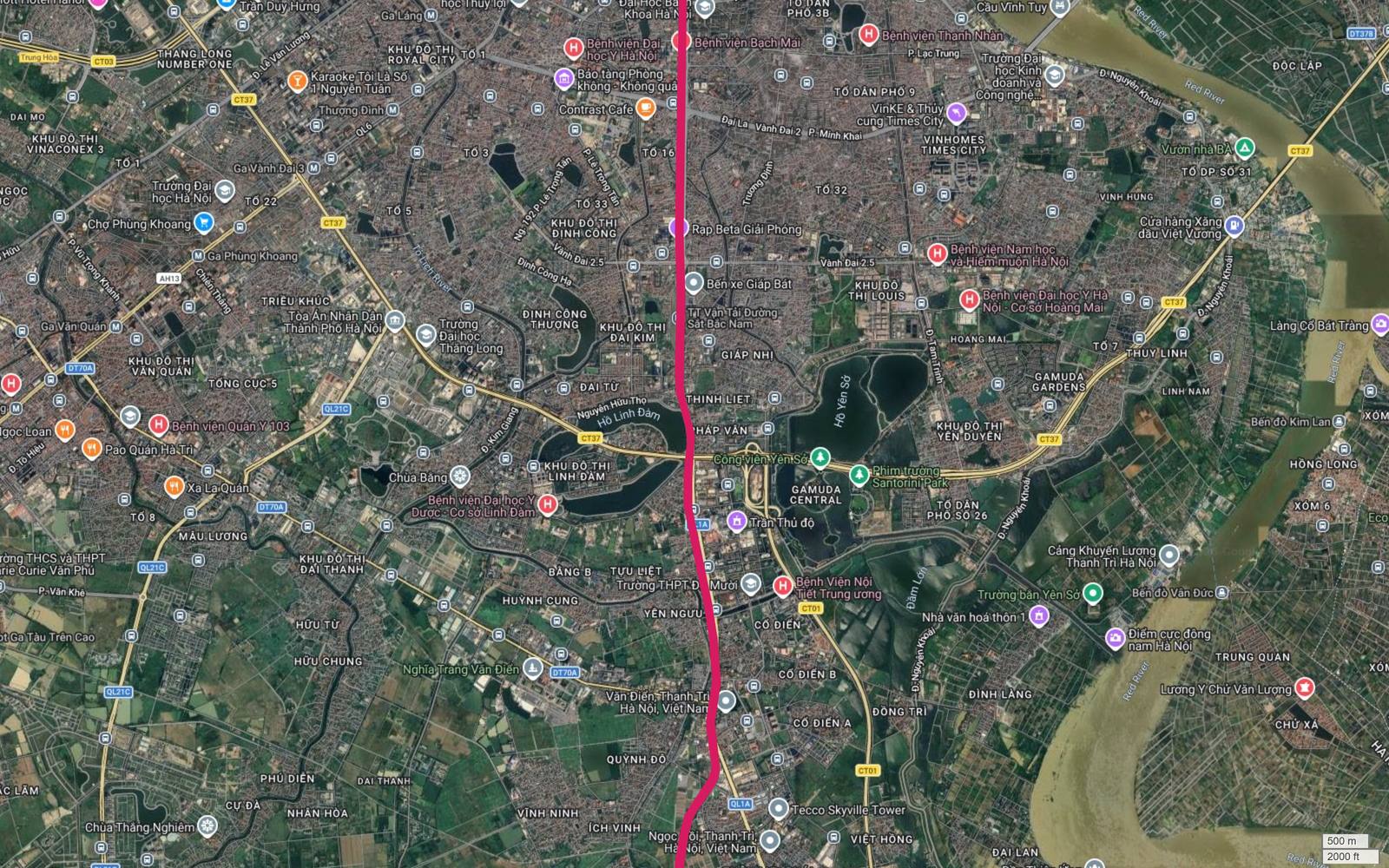 Ảnh vệ tinh trục Giải Phóng nhìn từ trên cao với tuyến metro số 1 chạy thẳng qua Bạch Mai, Giáp Bát, Pháp Vân
