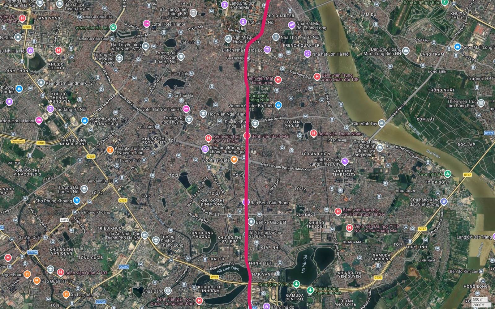 Ảnh vệ tinh lõi trung tâm Hà Nội từ Hồ Gươm tới Giáp Bát với hành lang tuyến metro số 1