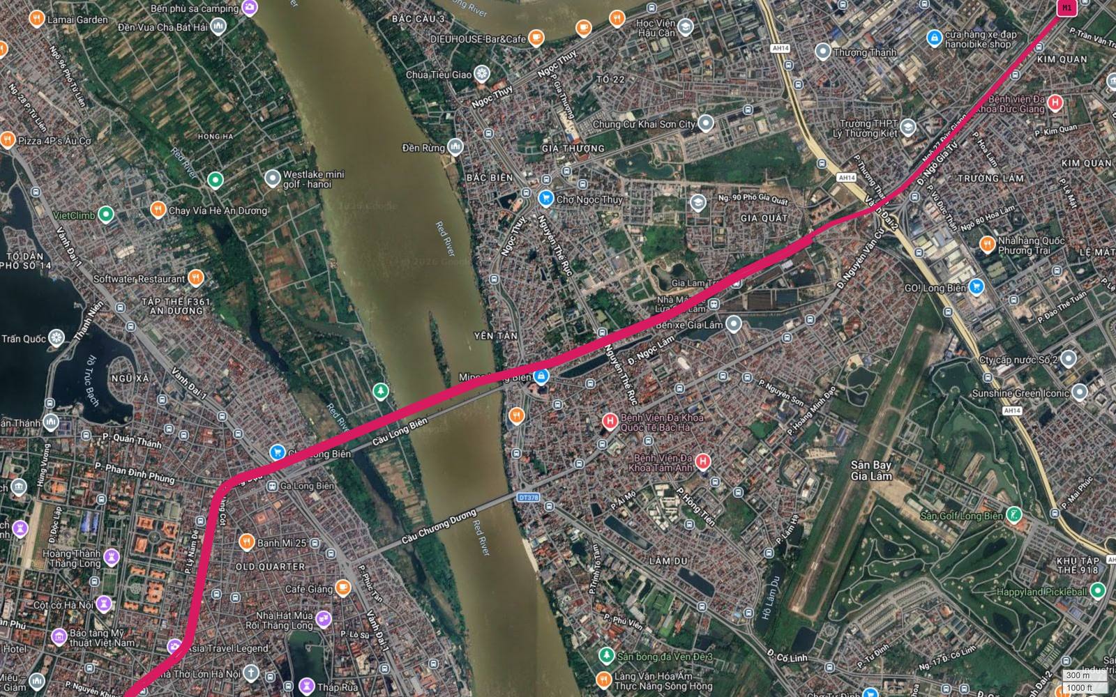 Ảnh vệ tinh cầu Long Biên, bãi giữa sông Hồng và cửa ngõ Gia Lâm trên tuyến metro số 1