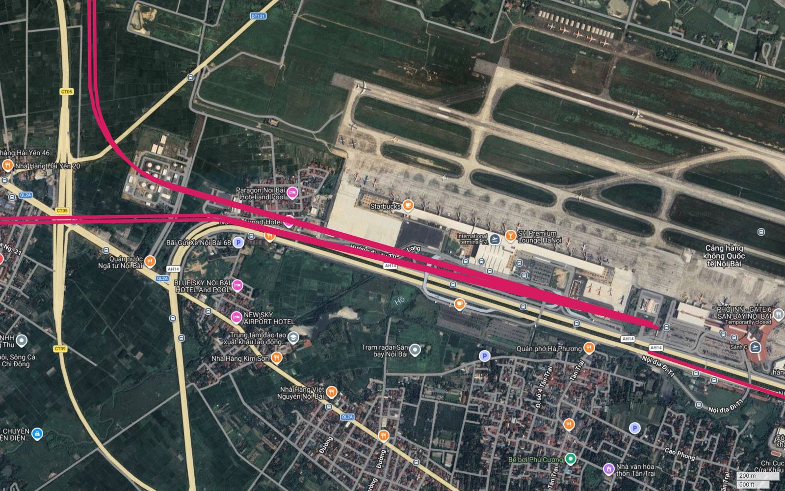 Ảnh vệ tinh khung cuối tuyến metro số 1 Hà Nội kết thúc trước nhà ga T2 Cảng hàng không Nội Bài